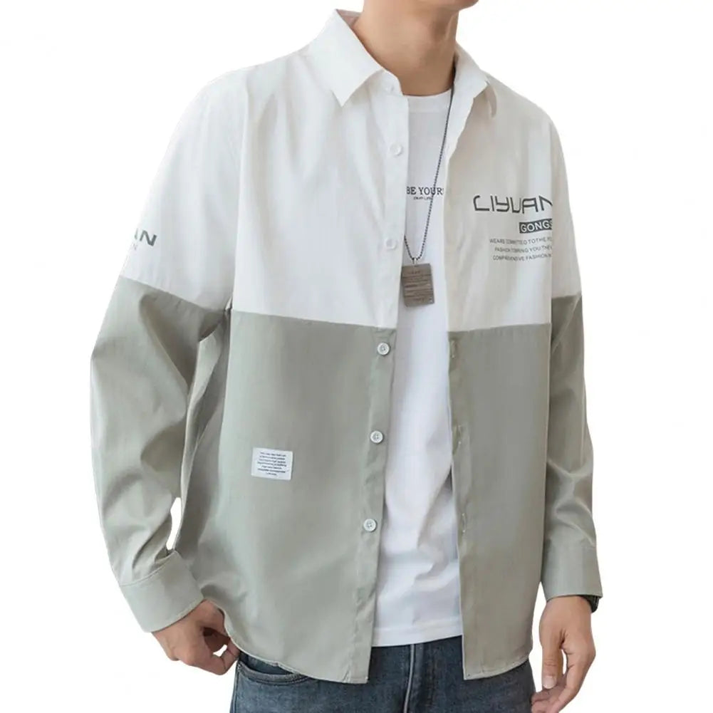 Men’s Colorblock Button-Down Jacket – Lightweight Cargo-Style Cardigan for Streetwear, Spring-Fall Comfort, and Trendy Korean Style