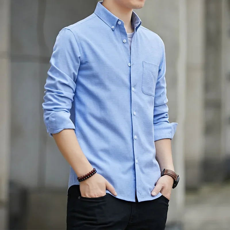 New Hot Sale Of The Season Men's Long Sleeve Oxford Cloth Casual Shirt Slim Fit Korean Style Shirt Comfortable Breathable Spring - Ellianto fashion Men's