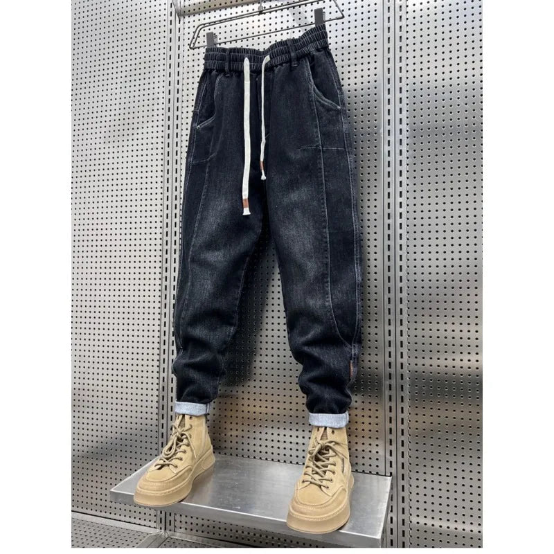 New 2025 Designer Clothes Man Vintage Retro Men's American Style Loose Wide Leg Harem Jeans with Fleece Lining Low Rise Jeans - Ellianto fashion Men's