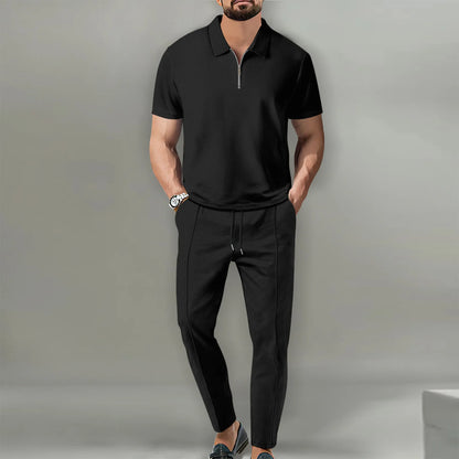 2025 New Men's POLO Shirt 2 Sets Casual Fashion Commercial Breathable Lapel, Pants pull rope Solid Color Men 2 sets - Ellianto fashion Men's