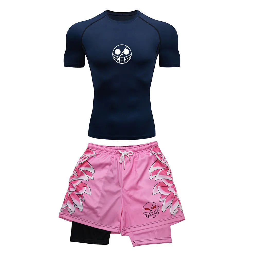 Men’s Performance Sportswear Set – Anime-Inspired Tracksuit with Compression Leggings, Gym Shorts & Rash Guard
