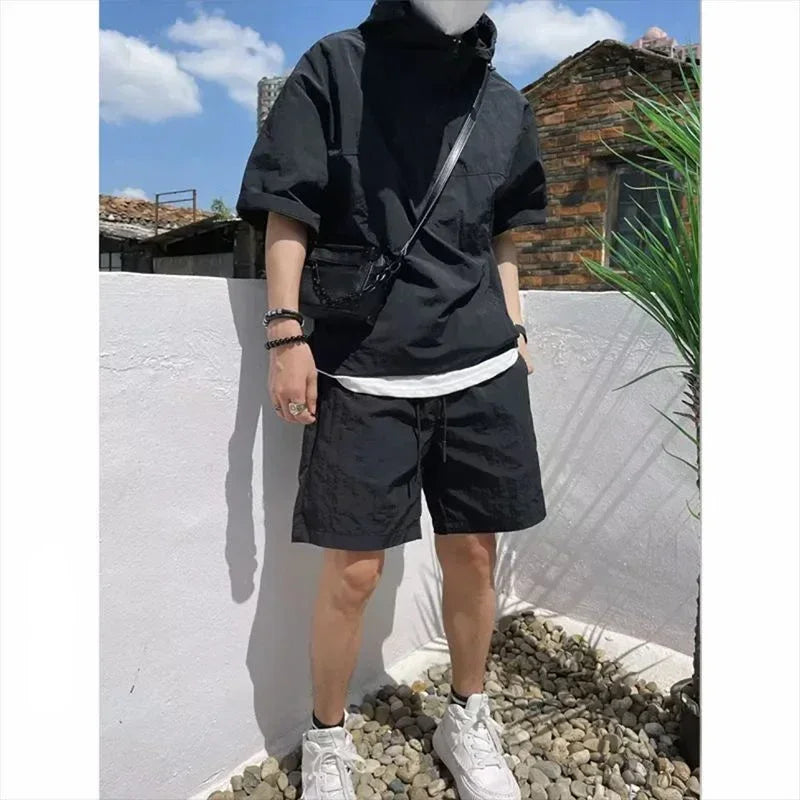 Summer Cargo Style Set Men's Casual Hooded Solid Short Sleeve T-shirt Shorts Loose Fashion High Quality Handsome Sweatshirt Suit - Ellianto fashion Men's