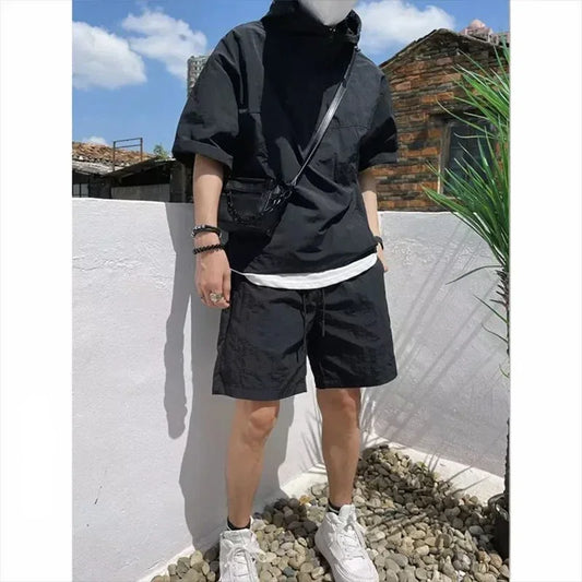 Summer Cargo Style Set Men's Casual Hooded Solid Short Sleeve T-shirt Shorts Loose Fashion High Quality Handsome Sweatshirt Suit - Ellianto fashion Men's