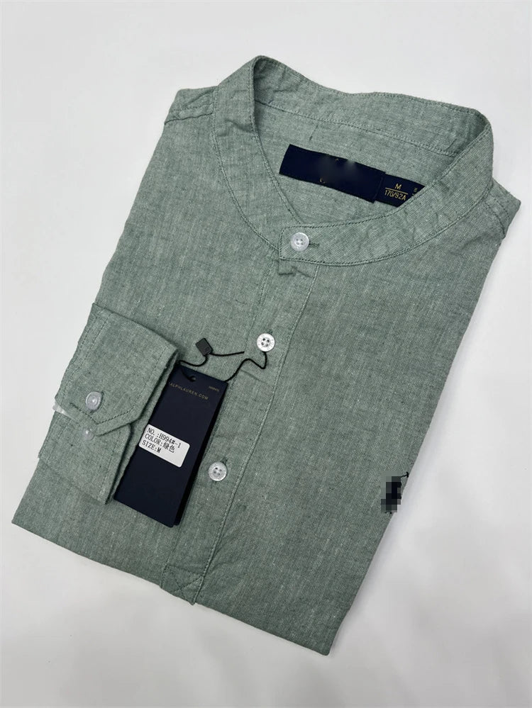 Spring Autumn Men's Linen Cotton Color Simple Embroidery Label Slim Long Sve irt Busin Casual Stand Collar irt - Ellianto fashion Men's