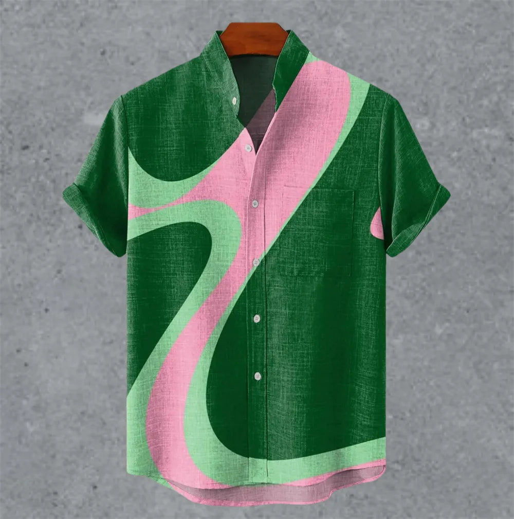 Art retro vintage men's shirt with mottled marks, standing collar printed short sleeved shirt, casual and comfortable top S-5XL - Ellianto fashion Men's