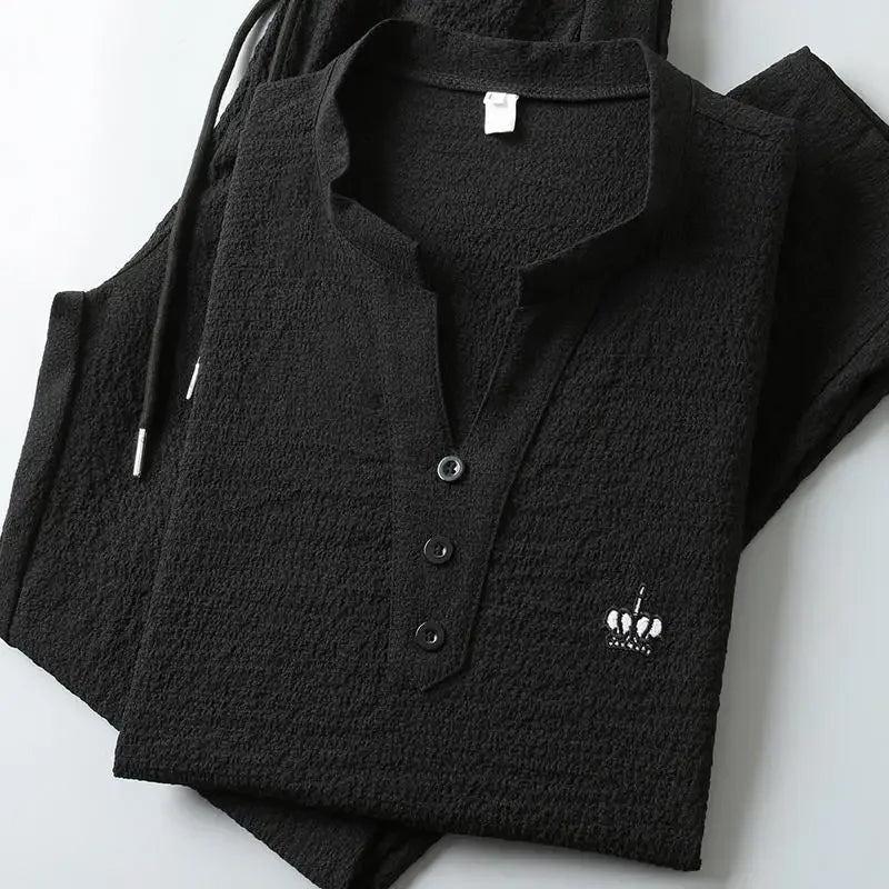 New 2025 Men's Slim Fit Short Sleeve Sportswear Set Casual Embroidered V-Neck Chinese Style Lightweight Two-Piece Suit - Ellianto fashion Men's