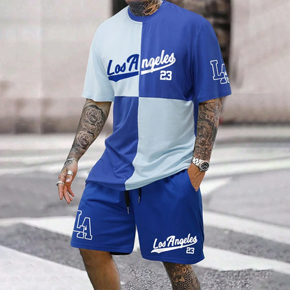 Set Men's Color-Block Los Angeles 23 Print Tracksuit LA Two Piece Outfit for Men T-shirt & Shorts Suit Street Fashion Summer Wear - Ellianto fashion Men's