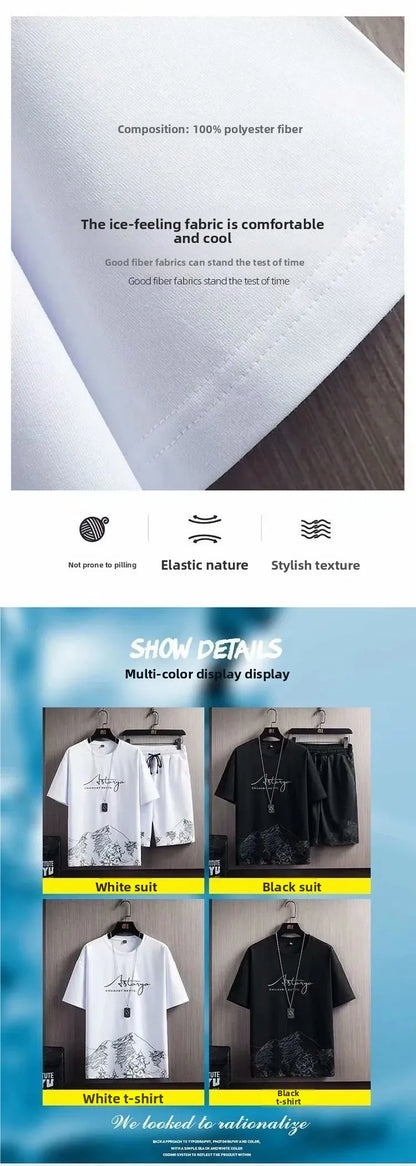 Ice Sensation Loose Fit Summer Short Sleeve Basketball Men's T-Shirt Set Quick Dry Breathable Comfortable Two Piece Suit - Ellianto fashion Men's