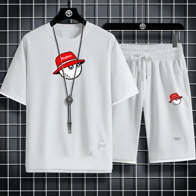 Set 2025 New men's summer Korean brand casual T-shirt + jogging Shorts 2-piece fitness slow running quick-drying breathable sportswe - Ellianto fashion Men's
