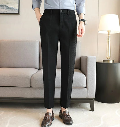 Trousers For Men Social Tailoring Slim Fit Khaki Business Waffle Tressed Work Wear Man Suits Pants Luxury Luxury Spring Clothes - Ellianto fashion Men's