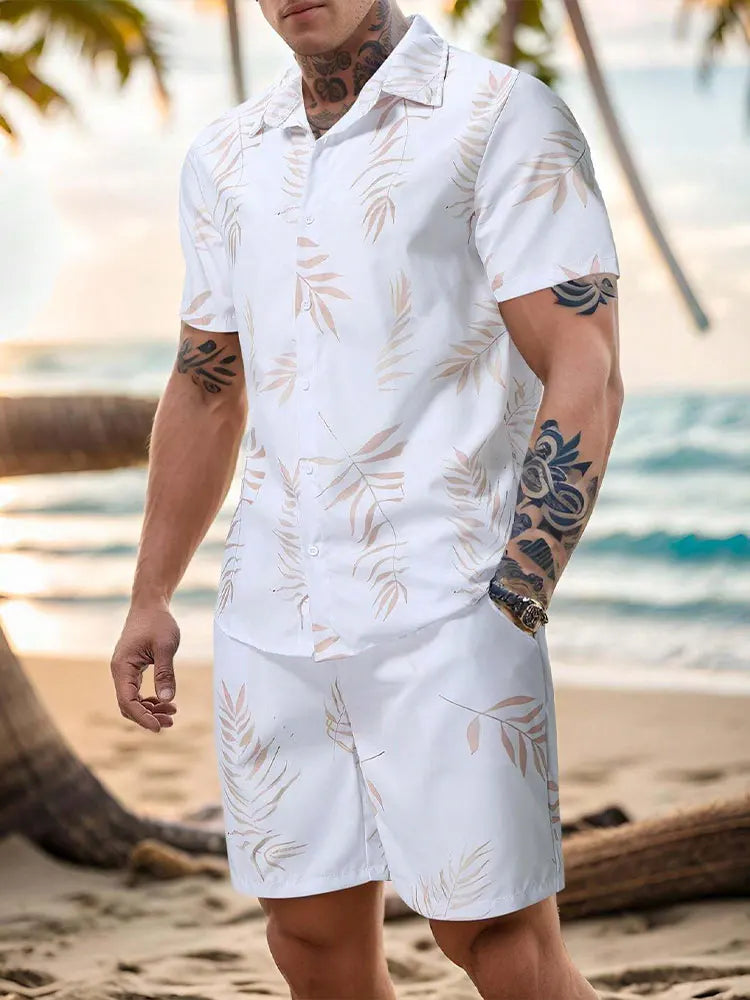 Set New Palm Leaf Print Men's Casual Shirt Hawaiian Men's Beach Shorts Summer Everyday Short-sleeved Shirt And Sports Shorts Set - Ellianto fashion Men's