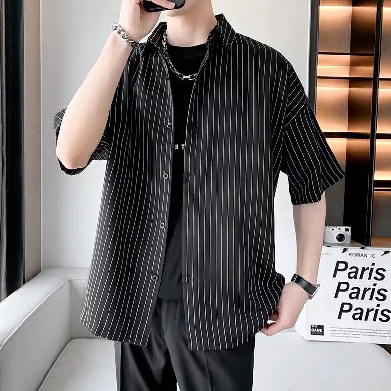 Striped Shirt men Japanese Casual Oversize Trend Black Unisex gothic Short Sleeved Blouses - Ellianto fashion Men's