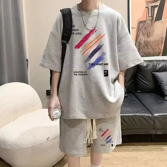 Trendy Casual Short Sleeve Men's T-Shirt Set Plus Sizes Checked Design Youth Trunks 2-Piece Set For Summer - Ellianto fashion Men's