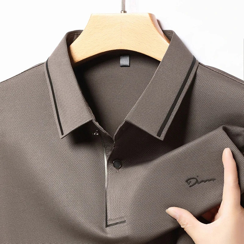 New Men's Business Casual Long Sleeved Shirt with Badge Solid Color Polo Shirt Fashionable Breathable Comfortable Versatile Top - Ellianto fashion Men's