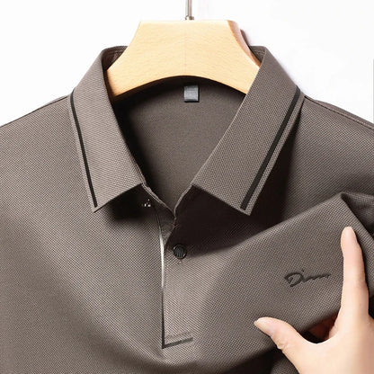 New Men's Business Casual Long Sleeved Shirt with Badge Solid Color Polo Shirt Fashionable Breathable Comfortable Versatile Top - Ellianto fashion Men's
