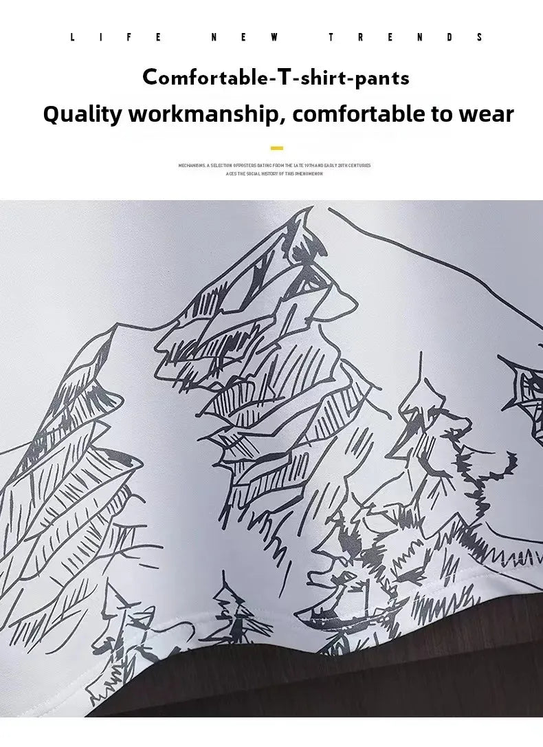 Men's Ice Silk Short Sleeve T-Shirt Suit Summer New Digital Printing Fashionable Korean Style Slims Smooths Your Silhouette Spor - Ellianto fashion Men's