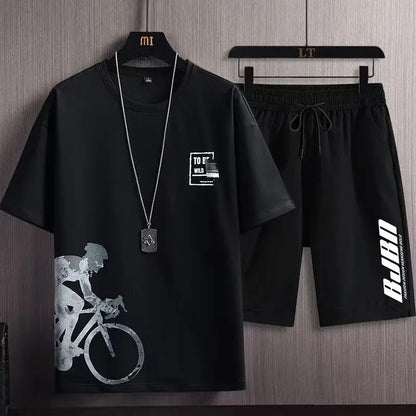 Men's Ice Silk Short Sleeve T-Shirt Suit Summer New Digital Printing Fashionable Korean Style Slims Smooths Your Silhouette Spor - Ellianto fashion Men's