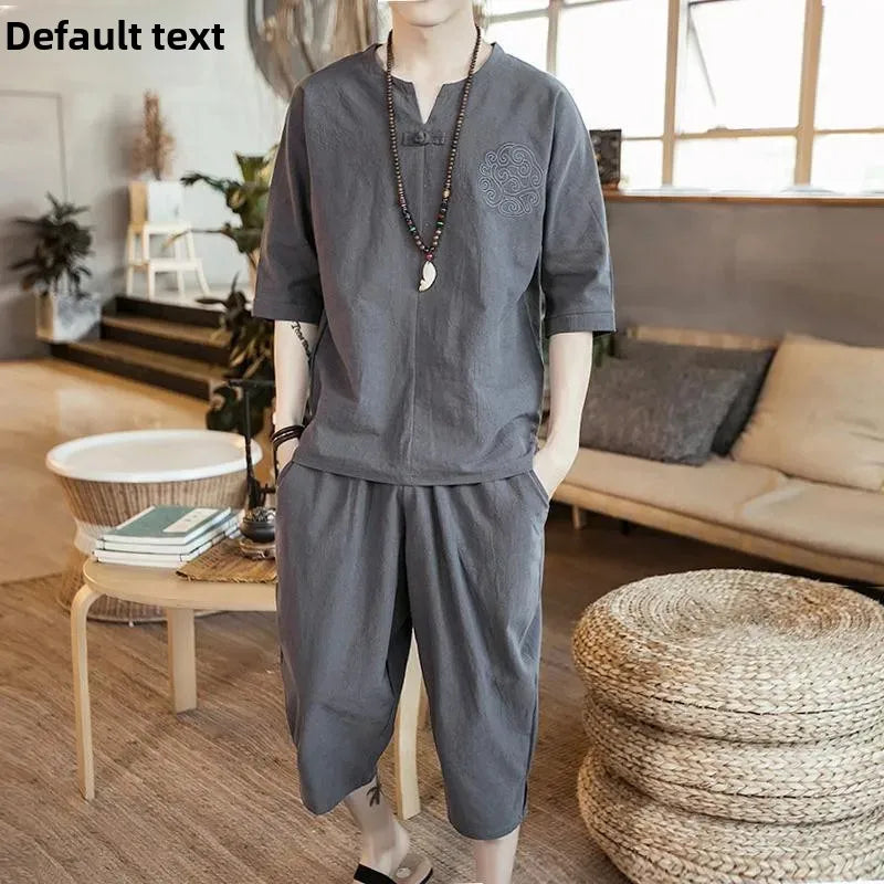 New Summer Linen Set Men's Chinese Style T-shirt Short Sleeve Two-piece Loose Seven Pants Set Male Comfortable Breathable - Ellianto fashion Men's