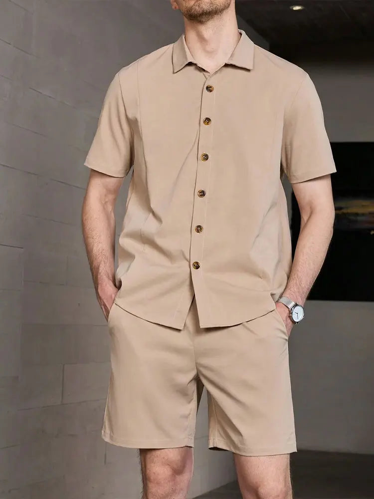 Set New Palm Leaf Print Men's Casual Shirt Hawaiian Men's Beach Shorts Summer Everyday Short-sleeved Shirt And Sports Shorts Set - Ellianto fashion Men's