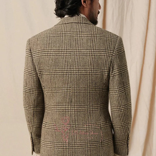 Men's suit houndstooth stripes brown notch lapel casual jacket for wedding ball party formal event birthday gift, custom tuxedo - Ellianto fashion Men's