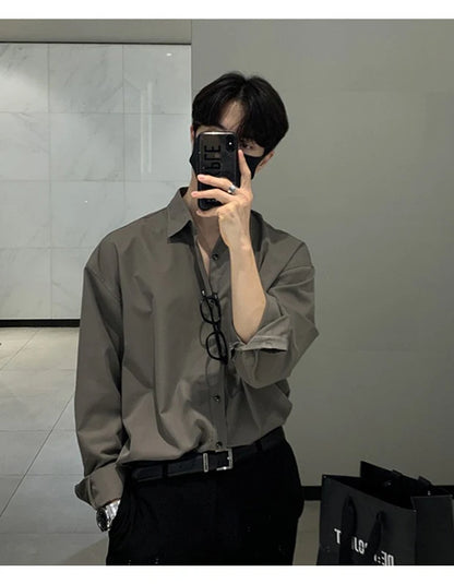 New Korean Business Men Shirts Light Luxury Slim-fit Solid Color Long Sleeve Cardigans Leisure Breathable Solid Color Basic Tops - Ellianto fashion Men's