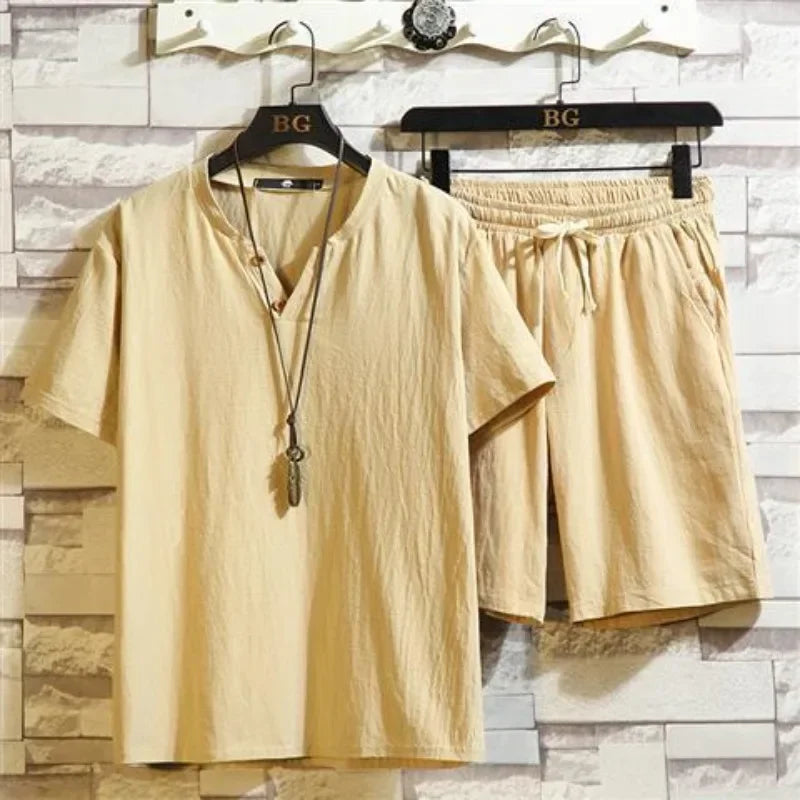 Cotton Linen Man Sets Plain Sports V-neck Basic 2 Piece Outfit Loose Fashion 2025 Cool Elastic Tee T-shirts Shorts Suits for Men
