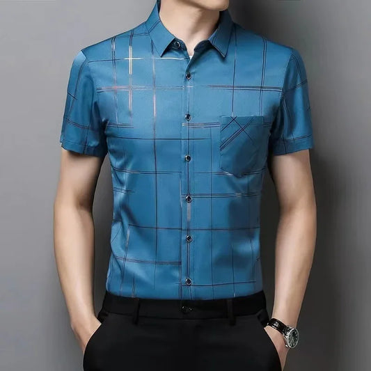 Summer Men Fashion Short Sleeve Shirt Ice Silk No Ironing Urban Casual Style Loose Fit Middle-aged Elderly