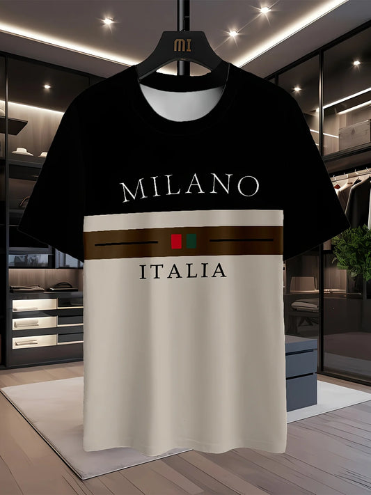 Milano Italia Print Men'S T-Shirt,Polyester Casual Crew Neck Tee,Regular Fit,Short Sleeve,Slight Stretch Fabric - Ellianto fashion Men's