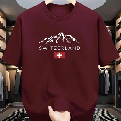 2025 New European Men's Summer 100% Pure Cotton Fashionable Casual Sporty Swiss mountain Pattern Printed round-neck short-sleeve - Ellianto fashion Men's