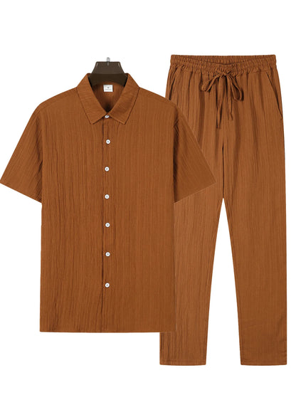 (Shirt+Pants) 2025 Summer new arrival Men Fashion Classic Shirt men Business Casual Shirts Men A Set Of Clothes - Ellianto fashion Men's