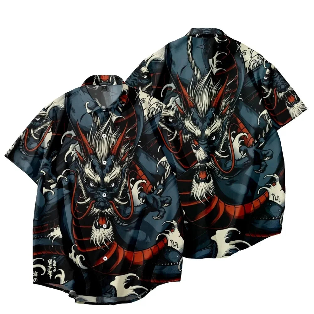 New Year Dragon Hawaiian Casual Men's Short Sleeve Shirt Y2k Vintage Top Breathable Camisas Casuais Blouse Man Clothing Society - Ellianto fashion Men's