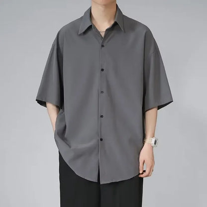 Men's Ice Silk Short Sleeve Shirt Casual Loose Fit Korean Style Trendy Black Shirt For Summer Thin Sleeve Casual - Ellianto fashion Men's