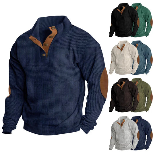 Spring-Autumn Stand-Collar Sweatshirt – Comfortable Patchwork Corduroy and Effortless Casual Style for the Modern Gentleman