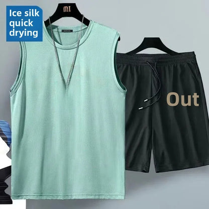 Ice Silk Men's Sports Set Quick Dry Basketball Uniform Summer Vest Shorts Gym Running One Piece Thin Male Fitness Outfit - Ellianto fashion Men's