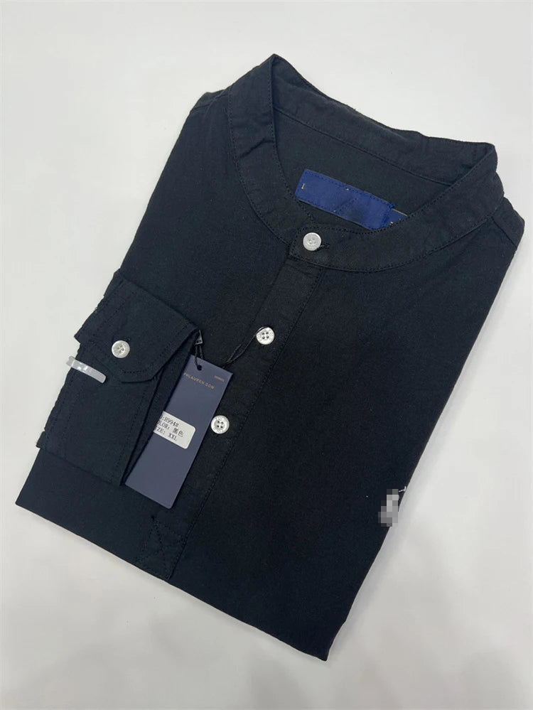 Spring Autumn Men's Linen Cotton Color Simple Embroidery Label Slim Long Sve irt Busin Casual Stand Collar irt - Ellianto fashion Men's