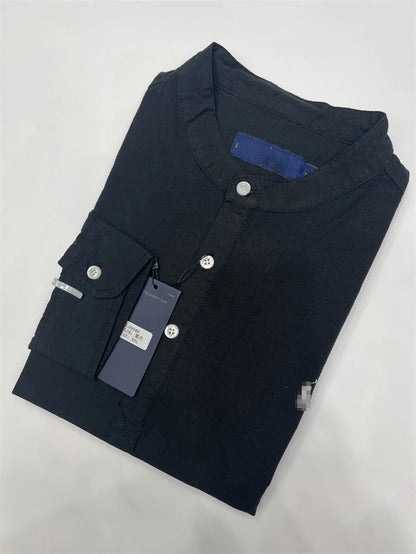 Spring Autumn Men's Linen Cotton Color Simple Embroidery Label Slim Long Sve irt Busin Casual Stand Collar irt - Ellianto fashion Men's
