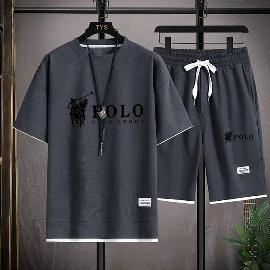 Set summer of 2025, a two-piece set of Korean-style men's short-sleeved T-shirts and sports shorts paired with casual sportsw - Ellianto fashion Men's