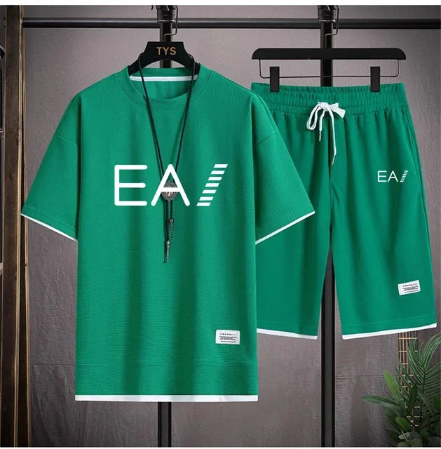Set A new summer European men's breathable waffle round-neck short-sleeved and jogging sports shorts digital printing two-piece set - Ellianto fashion Men's