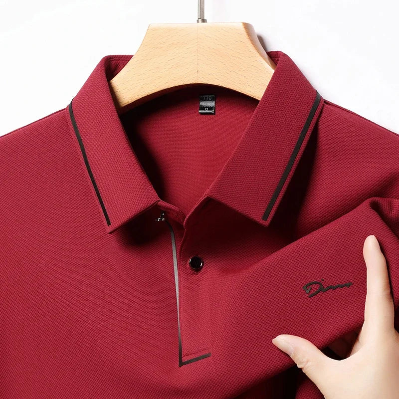 New Men's Business Casual Long Sleeved Shirt with Badge Solid Color Polo Shirt Fashionable Breathable Comfortable Versatile Top - Ellianto fashion Men's