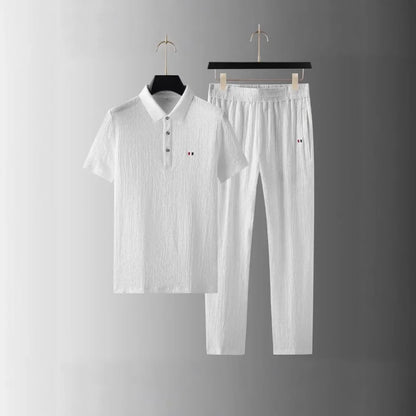 Summer Men's Casual Thin Polo Collar Two-Piece Suit Set Fashionable Flip Collar Male Clothing Full Set Integrated Ensemble - Ellianto fashion Men's