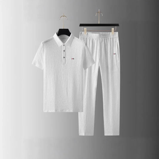 Summer Men's Casual Thin Polo Collar Two-Piece Suit Set Fashionable Flip Collar Male Clothing Full Set Integrated Ensemble - Ellianto fashion Men's