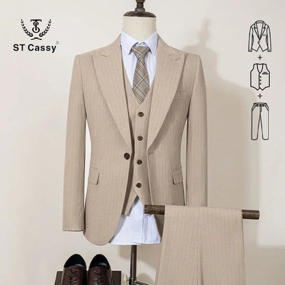 ST Cassy high-quality khaki striped suit slim fit luxurious and elegant men's business suit wedding fashion clothing 3-piece set - Ellianto fashion Men's