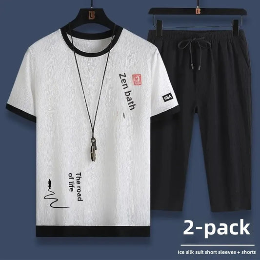 Ice Silk Summer Casual Sports Suit Men's Short Sleeve T-Shirt Shorts Set Fashionable Two-Piece Set for Men Comfortable Breathabl - Ellianto fashion Men's