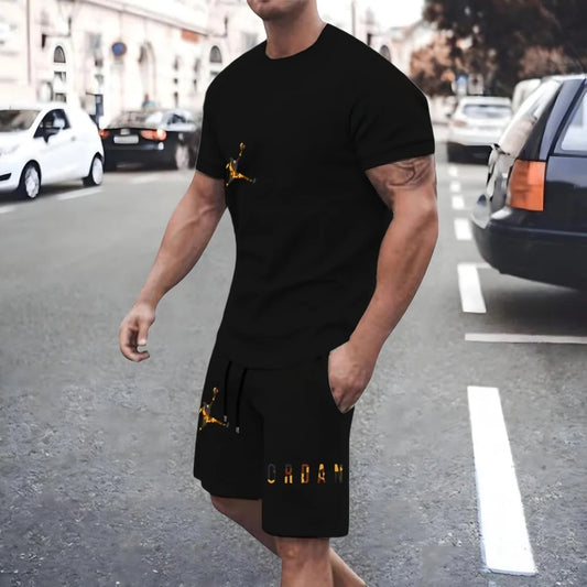 Set New Men's Fashionable Tracksuits Casual Clothing Summer Sports O-Neck Short-Sleeved T-Shirt & Drawstring Shorts Breathable Suit - Ellianto fashion Men's