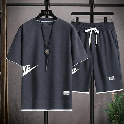 2025 nike Sports fashion casual men's suit summer Korean men's short-sleeved T-shirt + five-point shorts two-piece set - Ellianto fashion Men's