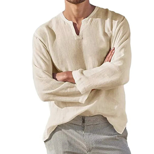Men's Cotton Linen Shirt Cozy Solid Color Long Sleeve Breathable Tops V Neck Casual Blouse Hawaiian Shirt Lightweight Shirts - Ellianto fashion Men's