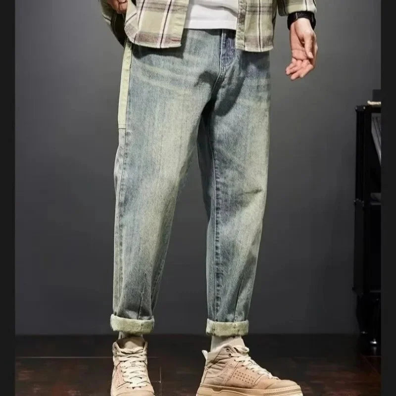 Casual Straight Leg Workwear Jeans Men's Handsome Trendy Brand Spring Autumn New Style Nine Points Casual Pants for Boys - Ellianto fashion Men's