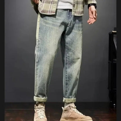 Casual Straight Leg Workwear Jeans Men's Handsome Trendy Brand Spring Autumn New Style Nine Points Casual Pants for Boys - Ellianto fashion Men's
