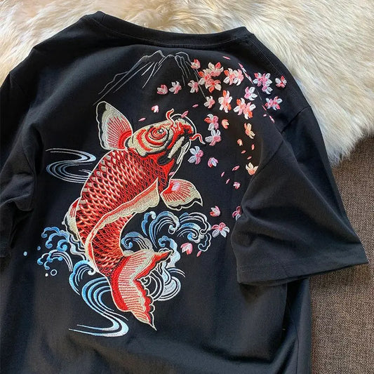 2025 Embroidered Koi Fish Cotton T-Shirt – Lightweight, Loose-Fit Summer Comfort and Effortless Casual Style for the Modern Gentleman