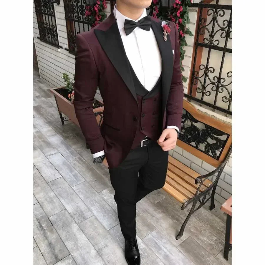 Slim Fit Formal Men Suits 3 Pcs Groom Tuxedos Notch Lapel Olive Green Groom Tuxedo for Wedding Best Man (Jacket + Vest + Pants) - Ellianto fashion Men's